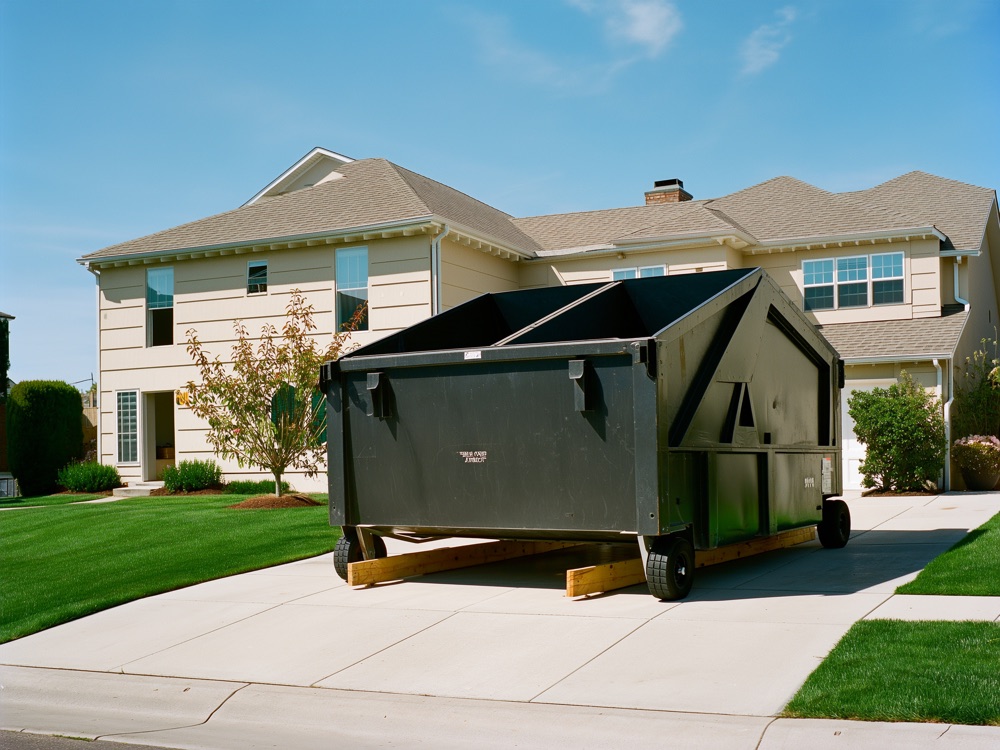 A roll-off bin on a residential driveway in Edmonton