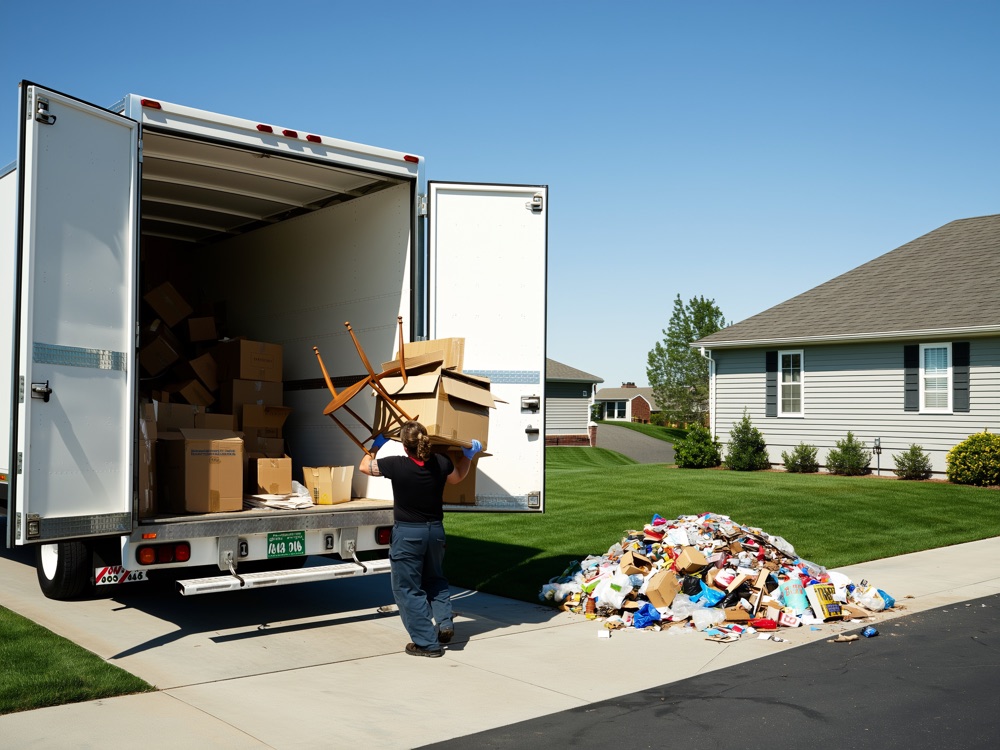 1st Choice crew loading junk into a truck on an Edmonton driveway